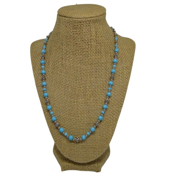 Turquoise Blue Silver Beaded Princess Length Necklace Lobster Claw with Extender - Picture 2 of 7